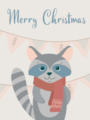 Cute card with a raccoon. Christmas greeting gift cards with winter elements and holiday wishes. Winter vector illustration isolated on white background.