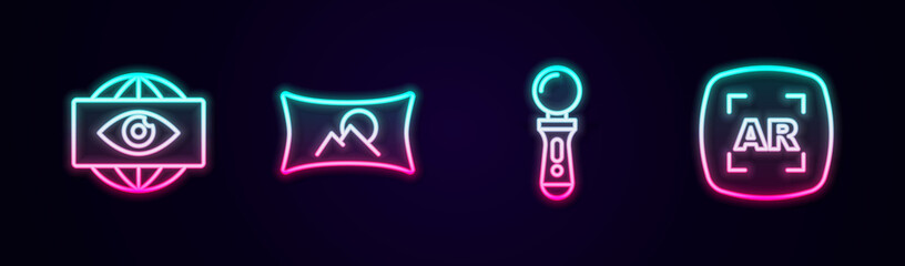Set line Big brother electronic eye, Wide angle picture, VR controller game and Augmented reality AR. Glowing neon icon. Vector