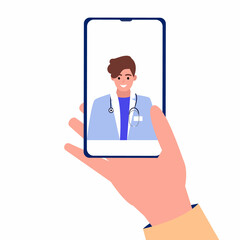 Online doctor's consultation, online doctor. The hand holds the phone. Doctor on the phone screen, medicine. Vector illustration