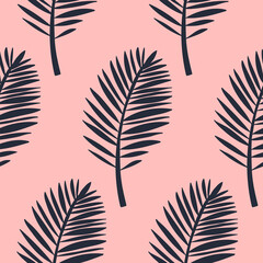 Obraz premium Palm leaf seamless pattern, carved pink gray tropical leaf, vector