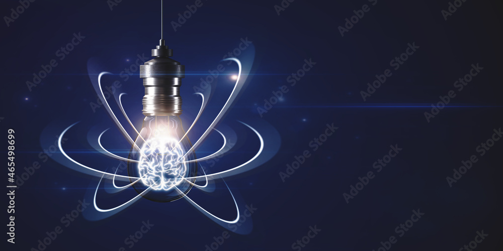 Poster Abstract light bulb on dark backdrop with digital brain and atom outline and mock up place. Artificial intelligence, science and innovation concept. 3D Rendering.