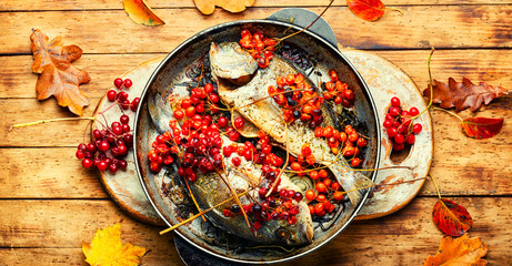 Baked fish viburnum,autumn recipe