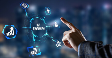 Internet, business, Technology and network concept. Hr Solutions. Virtual button.