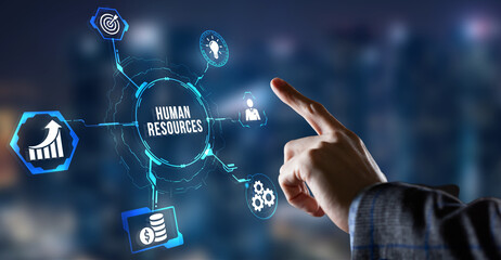 Internet, business, Technology and network concept.Human Resources HR management concept. Virtual button.