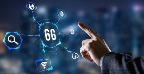 Internet, business, Technology and network concept. The concept of 6G network, high-speed mobile Internet, new generation networks. Virtual button.