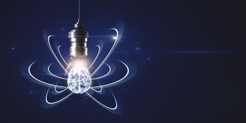 Abstract light bulb on dark backdrop with digital brain and atom outline and mock up place. Artificial intelligence, science and innovation concept. 3D Rendering. - obrazy, fototapety, plakaty