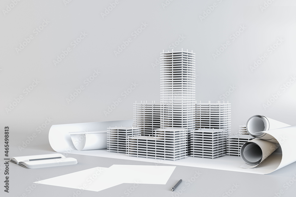 Poster skyscraper project with paperwork on white backdrop. architecture and engineering concept. 3d render