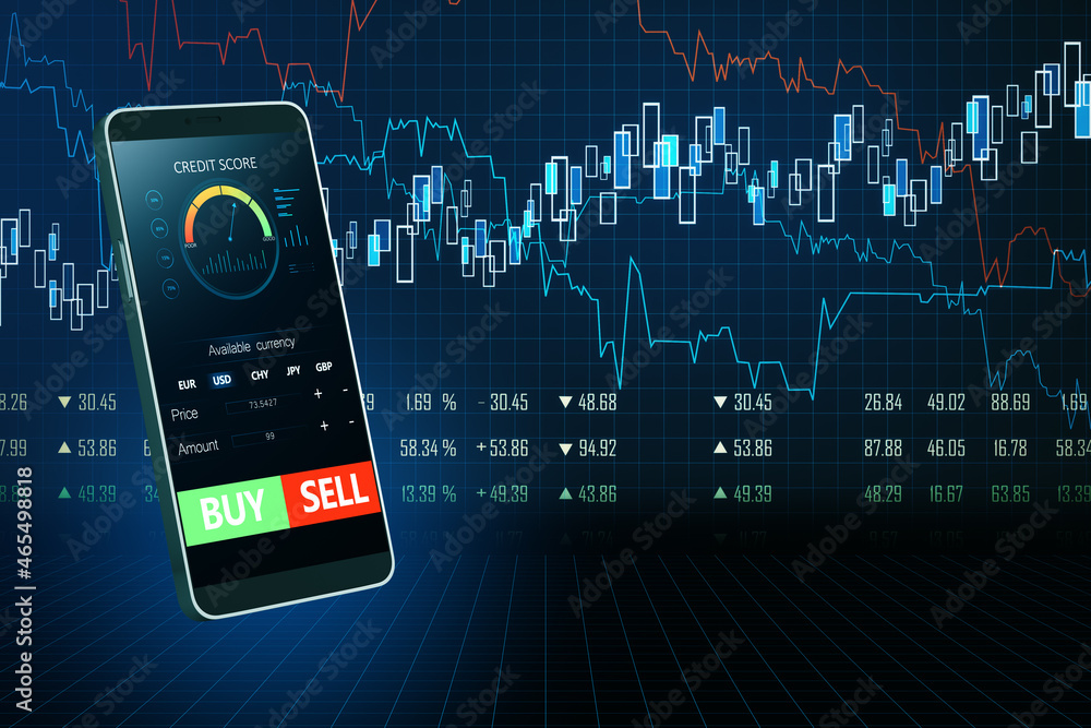 Poster Close up of cellular phone with forex chart and sell, buy buttons on dark background. Stock exchange, cryptocurrency and global fund information concept. 3D Rendering.