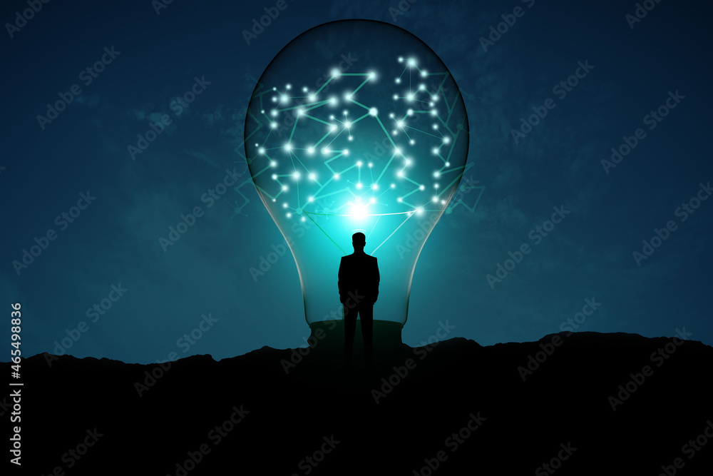 Aufkleber back view of backlit man looking at creative glowing lamp with polygonal connections on night landsc