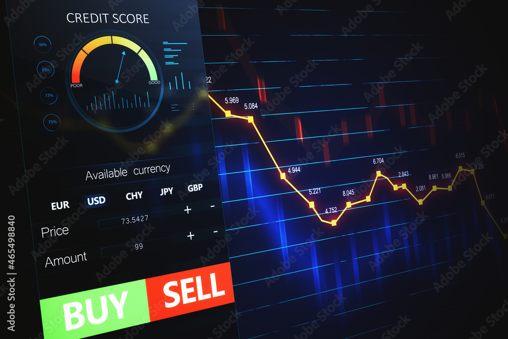 Poster Close up of cell phone with forex chart and sell, buy buttons on dark background. Stock exchange, cryptocurrency, market and global fund information concept. 3D Rendering.