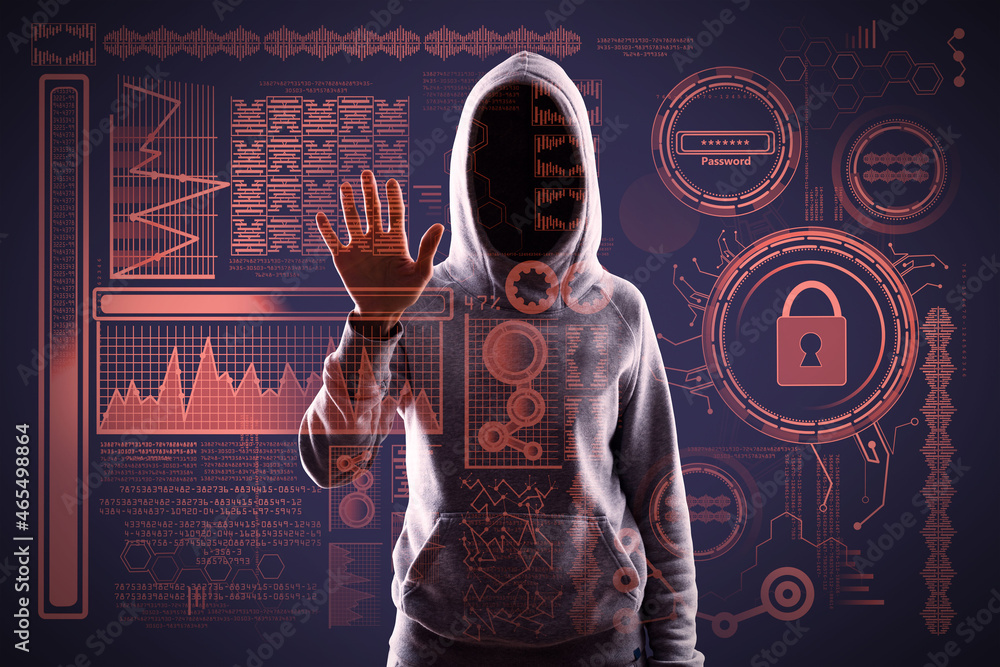 Aufkleber Hacker in hoodie using abstract digital business interface on dark background. Communication, hacking, malware, hud, science and future concept. Double exposure.