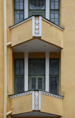 Beautiful picturesque Scandinavian style house facades in historic Old Town Helsinki, Finland with...