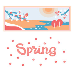 Spring. Vector graphics. Landscape, twig with flowers, river, fields, sun. Design, screensaver, illustration, album, advertising. A beautiful postcard.