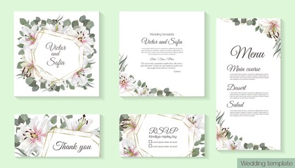Fototapeta na wymiar Greeting card for wedding invitation. White lilies, eucalyptus, elegant twigs. Floral template for your text. Invitation card, rsvp, thank you, menu.