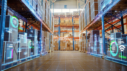Futuristic Technology Retail Warehouse: Digitalization and Visualization of Industry 4.0 Process that Analyzes Goods, Cardboard Boxes, Products Delivery Infographics in Logistics, Distribution Center - obrazy, fototapety, plakaty