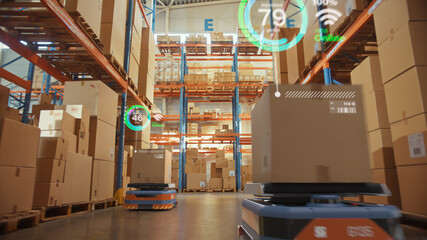 Future Technology 3D Concept: Automated Retail Warehouse AGV Robots with Infographics Delivering...
