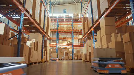 Future Technology 3D Concept: Automated Retail Warehouse AGV Robots with Infographics Delivering...