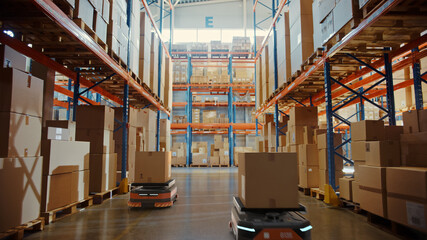 Future Technology 3D Concept: Automated Retail Warehouse AGV Robots with Infographics Delivering...