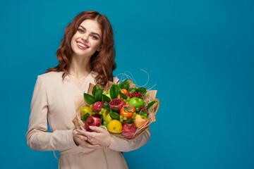 beautiful woman posing fresh fruits bouquet emotions isolated background