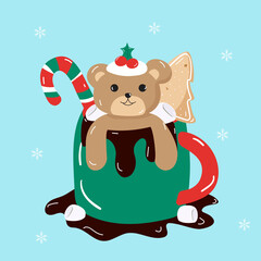 Illustration of a Christmas celebration. teddybear in coffee mug
