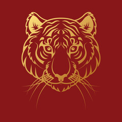 Golden Tiger Head on a Red Background Symbol of Asian New Year for Invitation or Card. Vector illustration