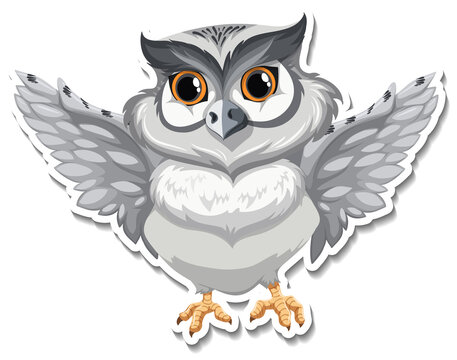 Grey owl bird cartoon character sticker