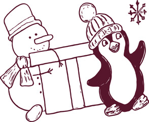 Merry christmas characters penguin and snowman.  Winter cartoon isolated cute funny animal design card. Snow holidays xmas penguin and snowman. Flat vector Illustration.