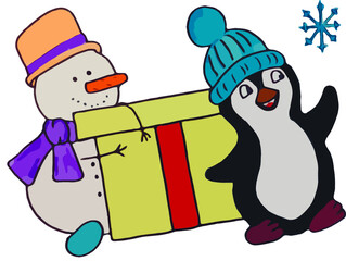 Merry christmas characters penguin and snowman.  Winter cartoon isolated cute funny animal design card. Snow holidays xmas penguin and snowman. Flat vector Illustration.