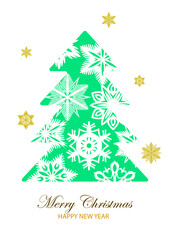 Christmas tree decorated with snowflakes. Merry Christmas and Happy New Year greeting card. Postcard, banner, poster.