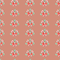Watercolor seamless candy cane pattern isolated on red background.Good for christmas gift wrapping paper.