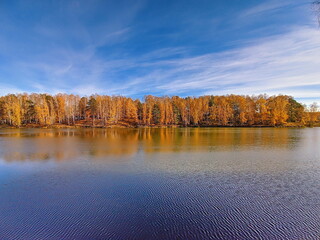 autumn lake during sunny day in siberia russia yellow trees