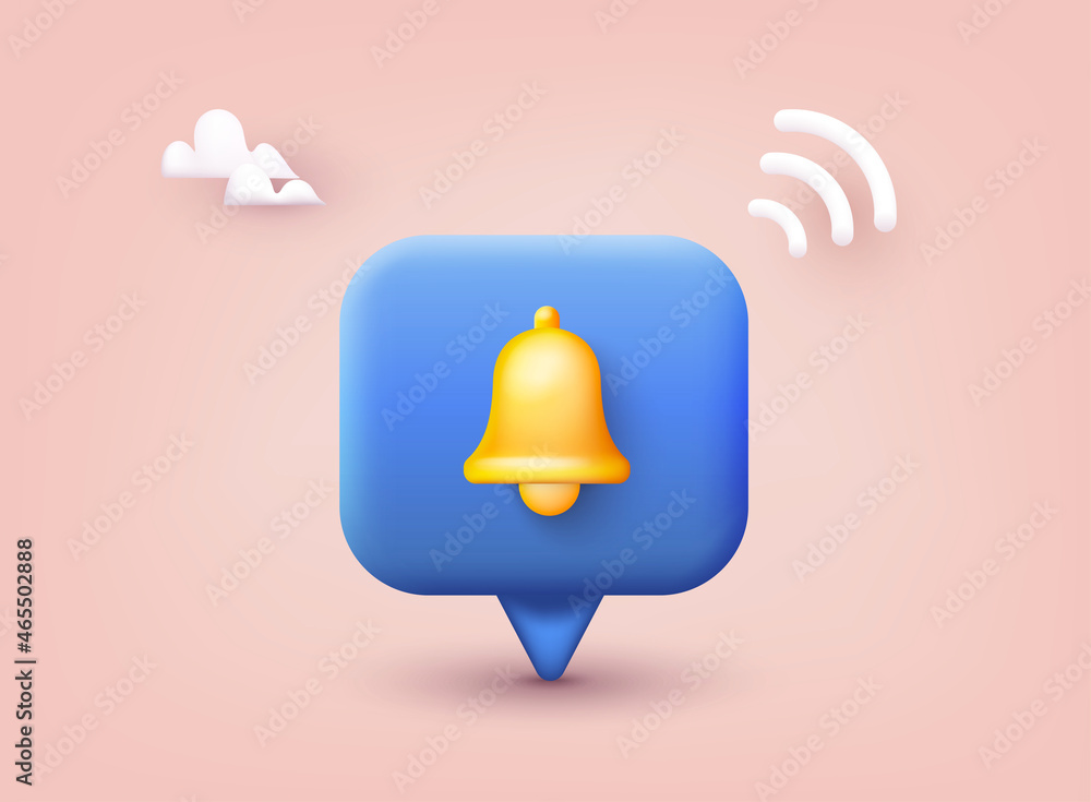 Poster notification bell icon. 3d render yellow ringing bell with new notification for social media reminde