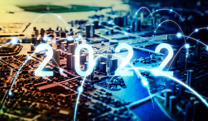 2022年イメージ　ビジネス向け年賀状素材　都市とネットワーク