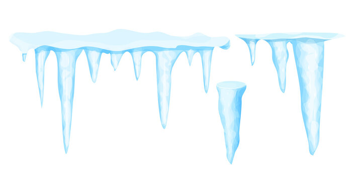 Set Icicles with snow winter decoration, frozen water in cartoon stile isolated on white background. Collection Ice crystals, hanging element. Textured, shiny.