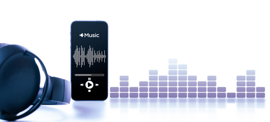 Music audio equipment. Audio beats, sound headphones, music application on mobile smartphone screen. Recording sound voice isolated on white background. Live online radio player mockup banner.