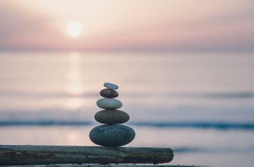 Stone Cairn At Seaside Sunset - 465503051