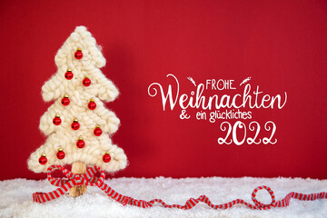 Fototapeta na wymiar Christmas Tree, Ball, Glueckliches 2022 Means Happy New Year, Red Background