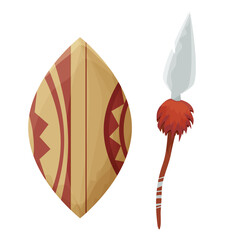 African shield wooden traditional board with tribal ornament and spear in cartoon style isolated on white background. South warrior weapon. Decorated with sticks.