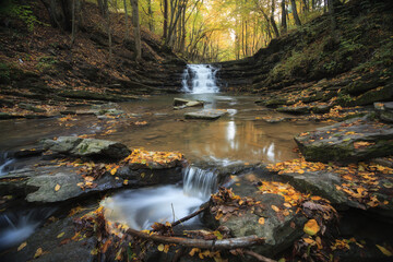 waterfall on a mountain stream in autumn - obrazy, fototapety, plakaty