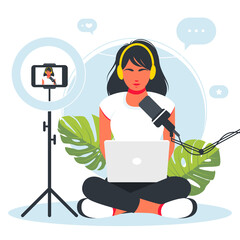 girl gamer sits at a laptop playing a video game. Cybersport. Professional esports tournament event, player at computer with live video game. woman records herself on camera as she works at the laptop