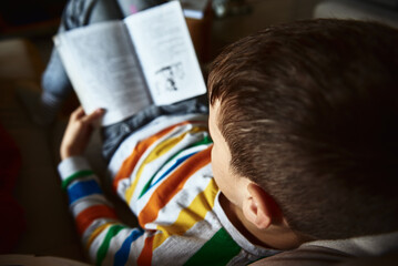 Fototapeta na wymiar Child boy reading book on the sofa at home