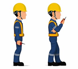 Set of worker is holding a walkie-talkie