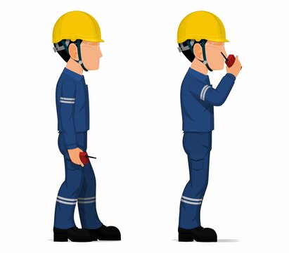 Set of worker is holding a walkie-talkie