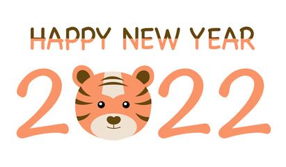 Cute tiger head cartoon with text happy new year 2022. Season greetings. Holiday celebration.
