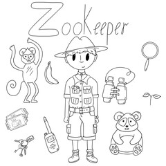 Sketch Alphabet Profession set. Illustration for Z letter. Perfect for education, Art books, abc, template card, posters. zookeeper with panda, monkey, binoculars, walkie-talkie, and banana. 