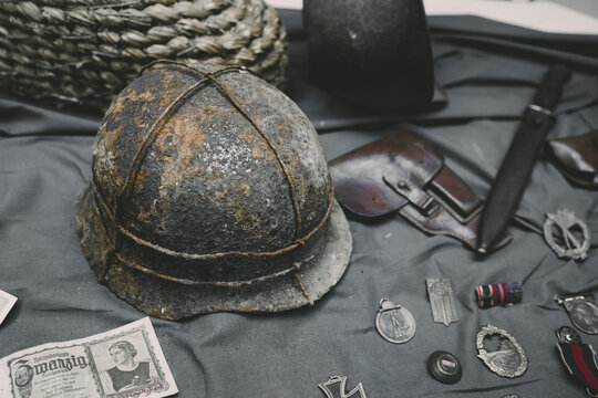 Old vintage army helmet,  gun and accessories 