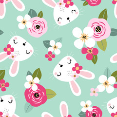 Seamless vector pattern with cute white rabbits on floral background. Perfect for textile, wallpaper or print design. 

