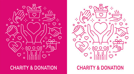 Vector banner templates with charity icons. Set of donate, volunteer, care and more.