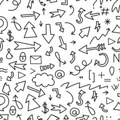 Seamless pattern with black and white linear arrows and doodle-style symbols. Vector illustration for printing on paper, fabric, packaging on a white background