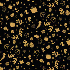 Golden Christmas items on a black background. Seamless pattern